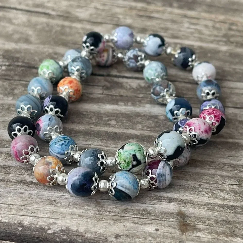 Colorful orca stretch bracelet silver tone black blue pink beads beaded NEW dyed